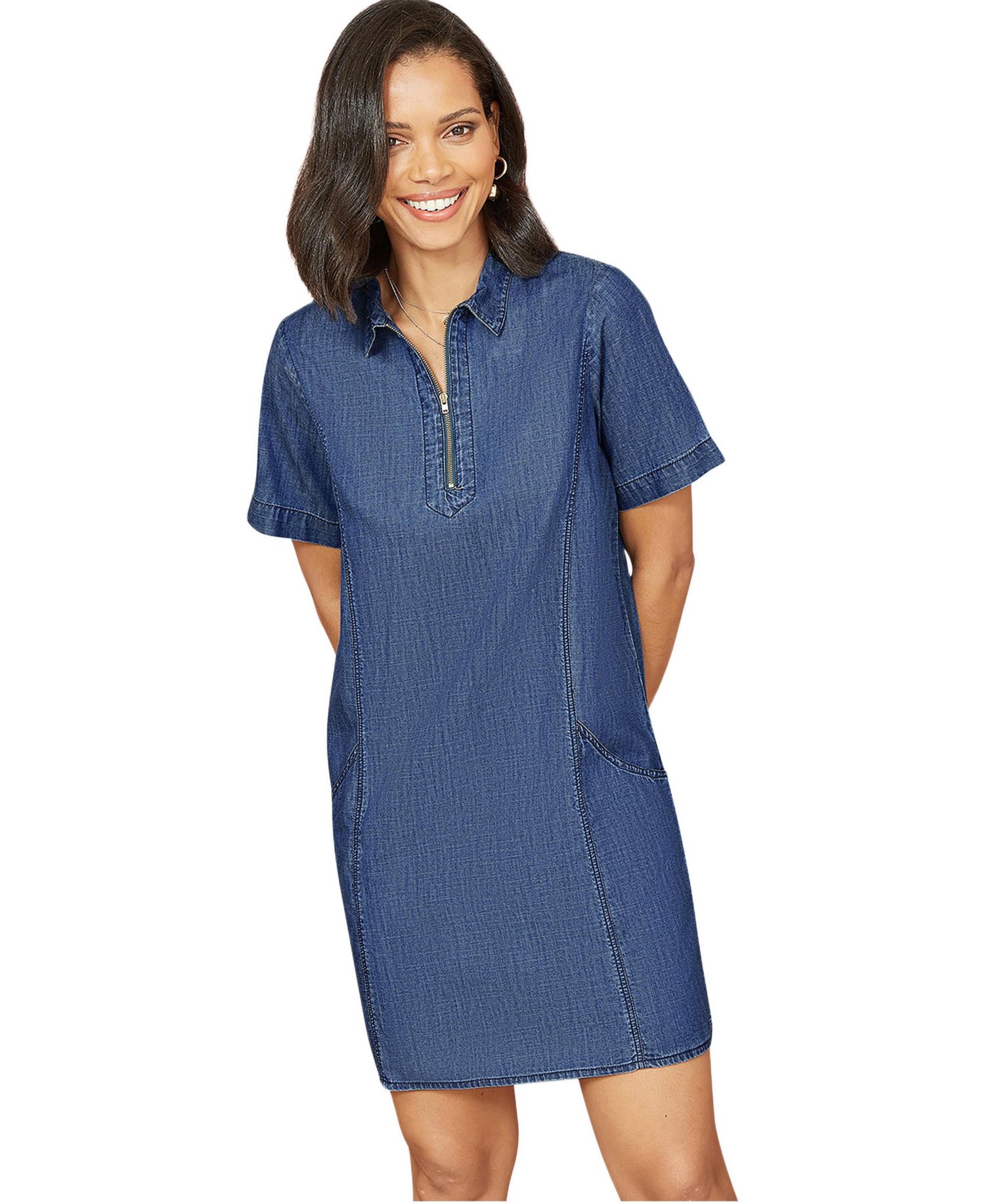 Women's Cotton Chambray Zip Neckline Dress