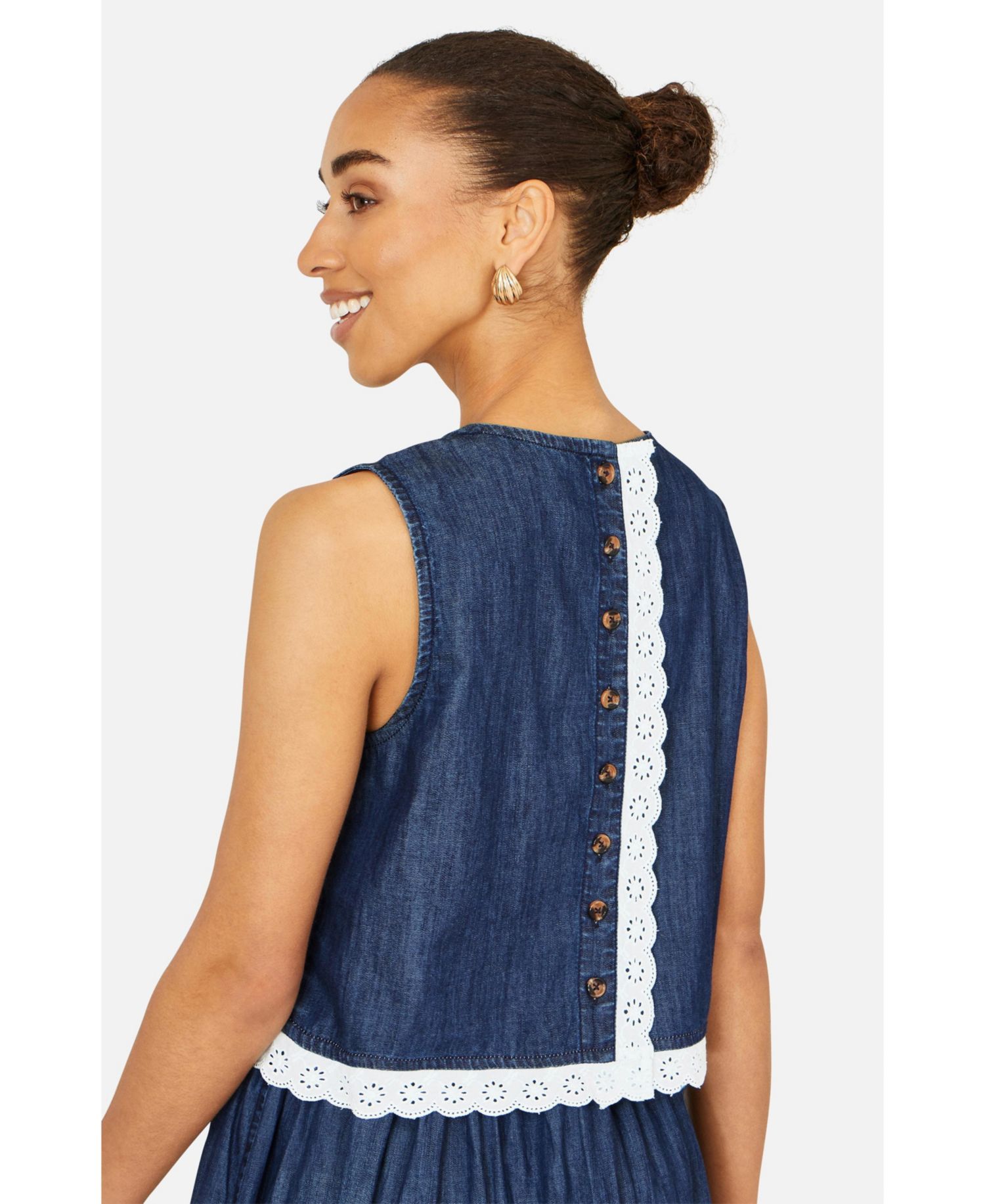 Women's Cotton Chambray Lace Trim Top