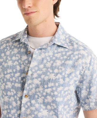 Men's Reverse Palm Tree Printed Linen Short-Sleeve Shirt