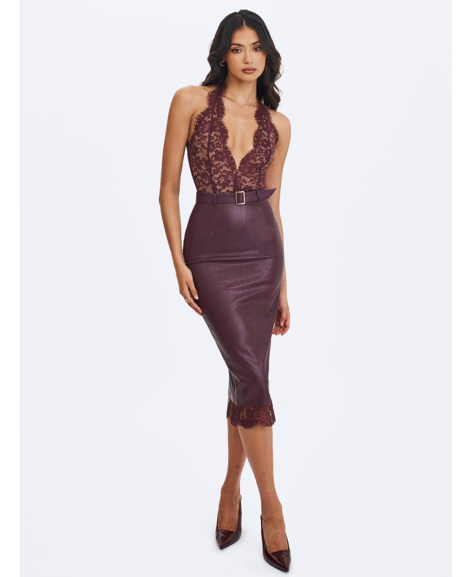 Women's Fiera Mahogany Plunging Halter Belted Midi Dress