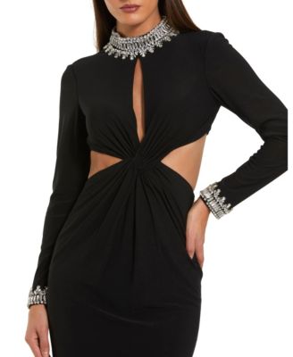 Women's Embellished Jersey Long Sleeve Cut Out Evening Gown