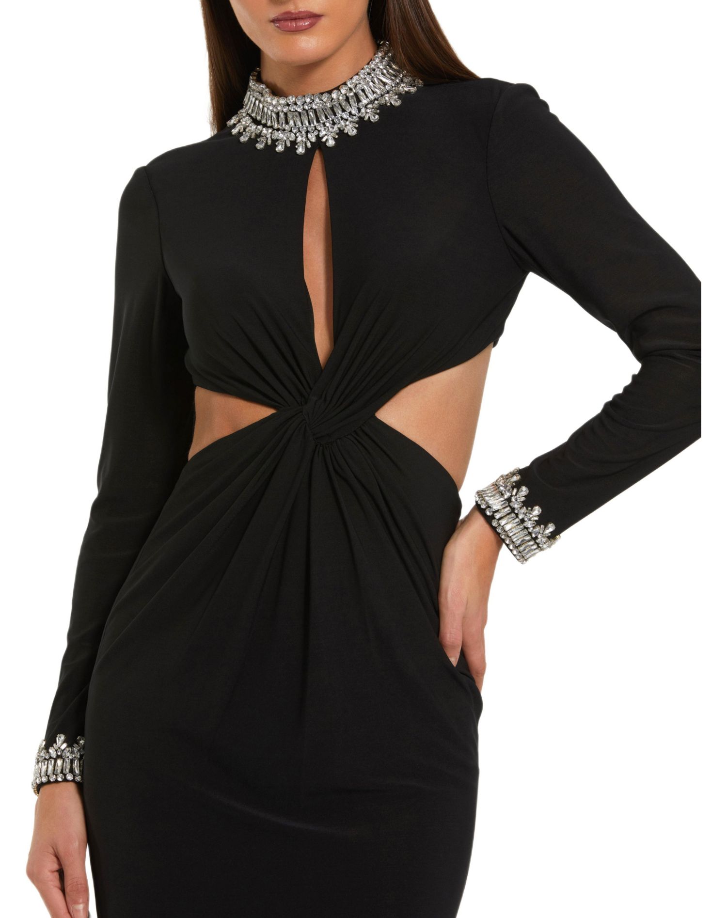 Women's Embellished Jersey Long Sleeve Cut Out Evening Gown