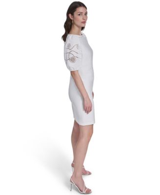 Women's Embroidered Boat Neck Mini Dress