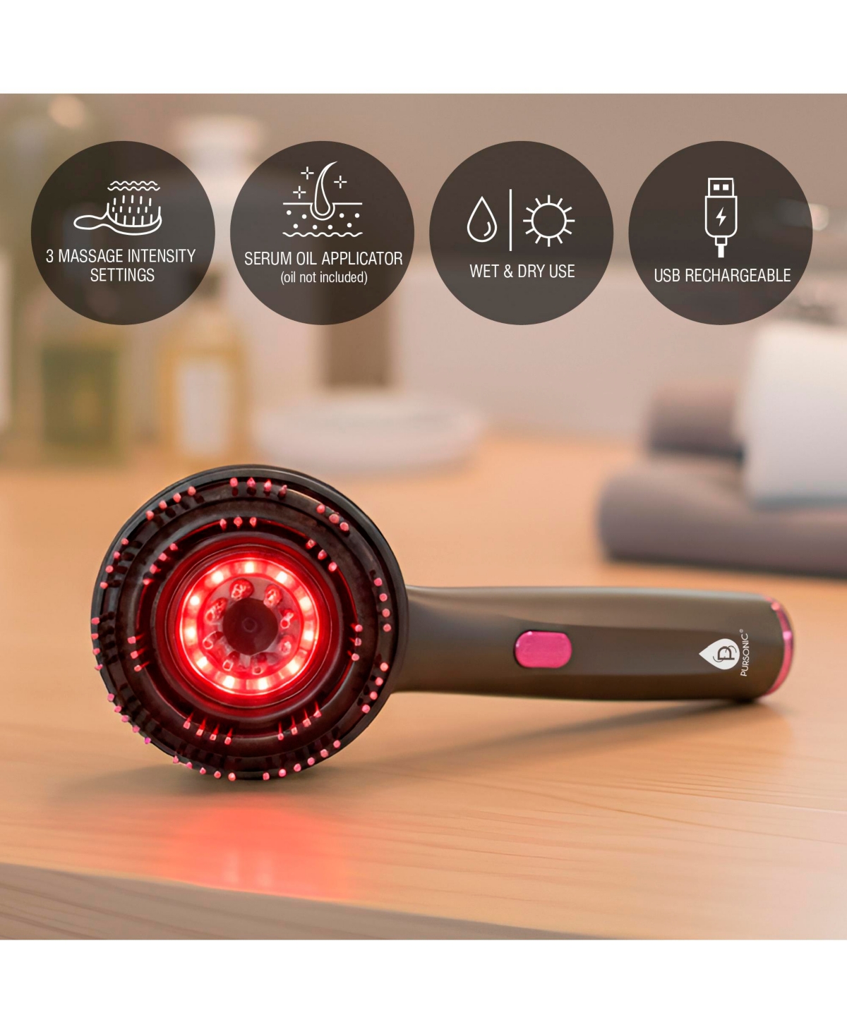 Pursonic 3-in-1 Led Therapy Scalp & Hair Treatment Brush – Stimulate Growth, Boost Volume, Enhance Health