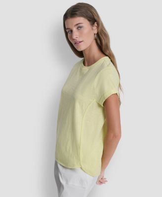 Women's Embroidered Crewneck Logo Roll-Sleeve Top