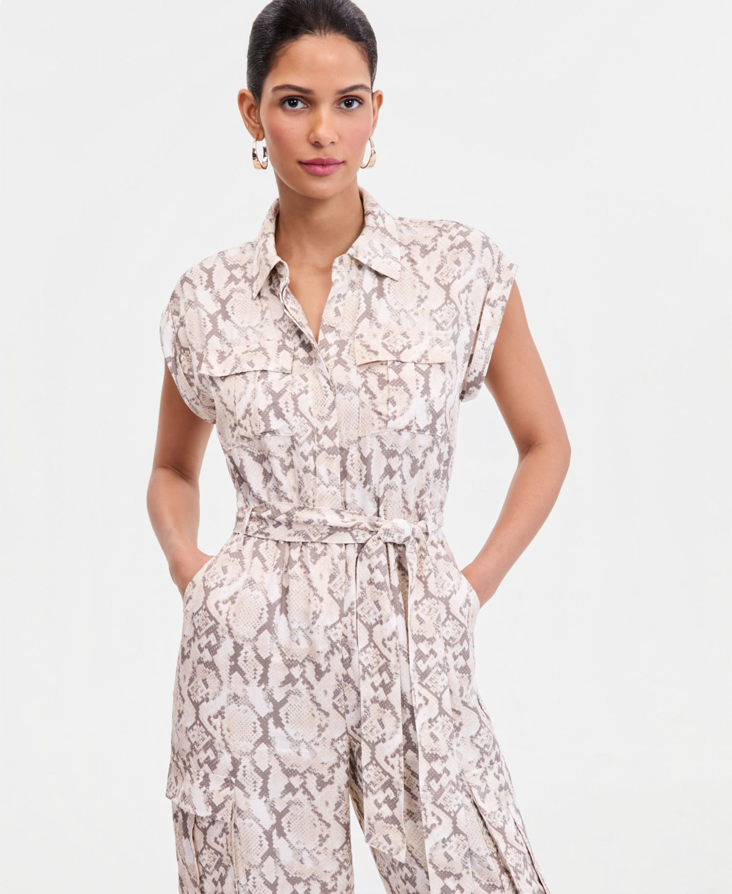 Women's Short-Sleeve Snake Print Belted Jumpsuit