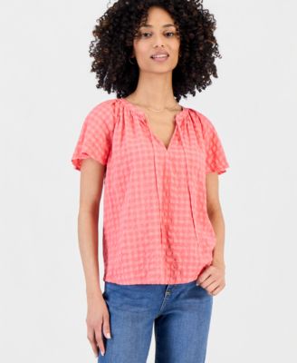 Petite Paisley Bloom Flutter-Sleeve Popover Top