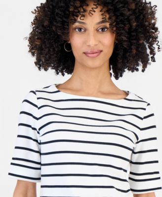 Petite Boat-Neck Elbow-Sleeve Top