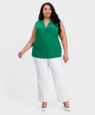 Plus Size Pleat-Neck Sleeveless Top
