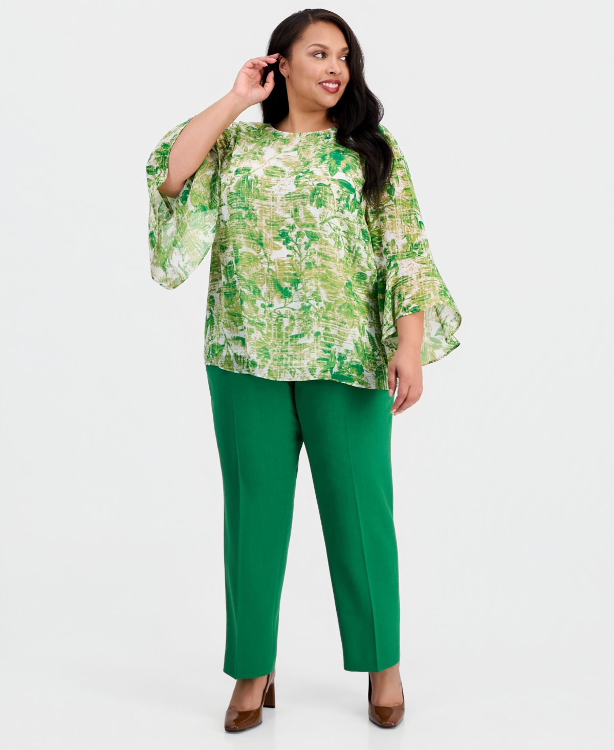 Kasper Plus Printed Boat-Neck Ruffle-Sleeve Blouse