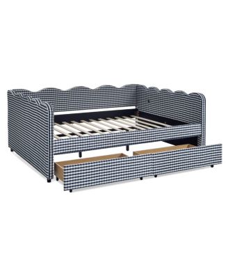 Wood Gingham Wave Shape Daybed with USB Port & 2 Storage Drawers