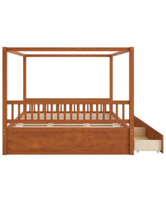 Wooden Canopy Bed with Storage Drawers