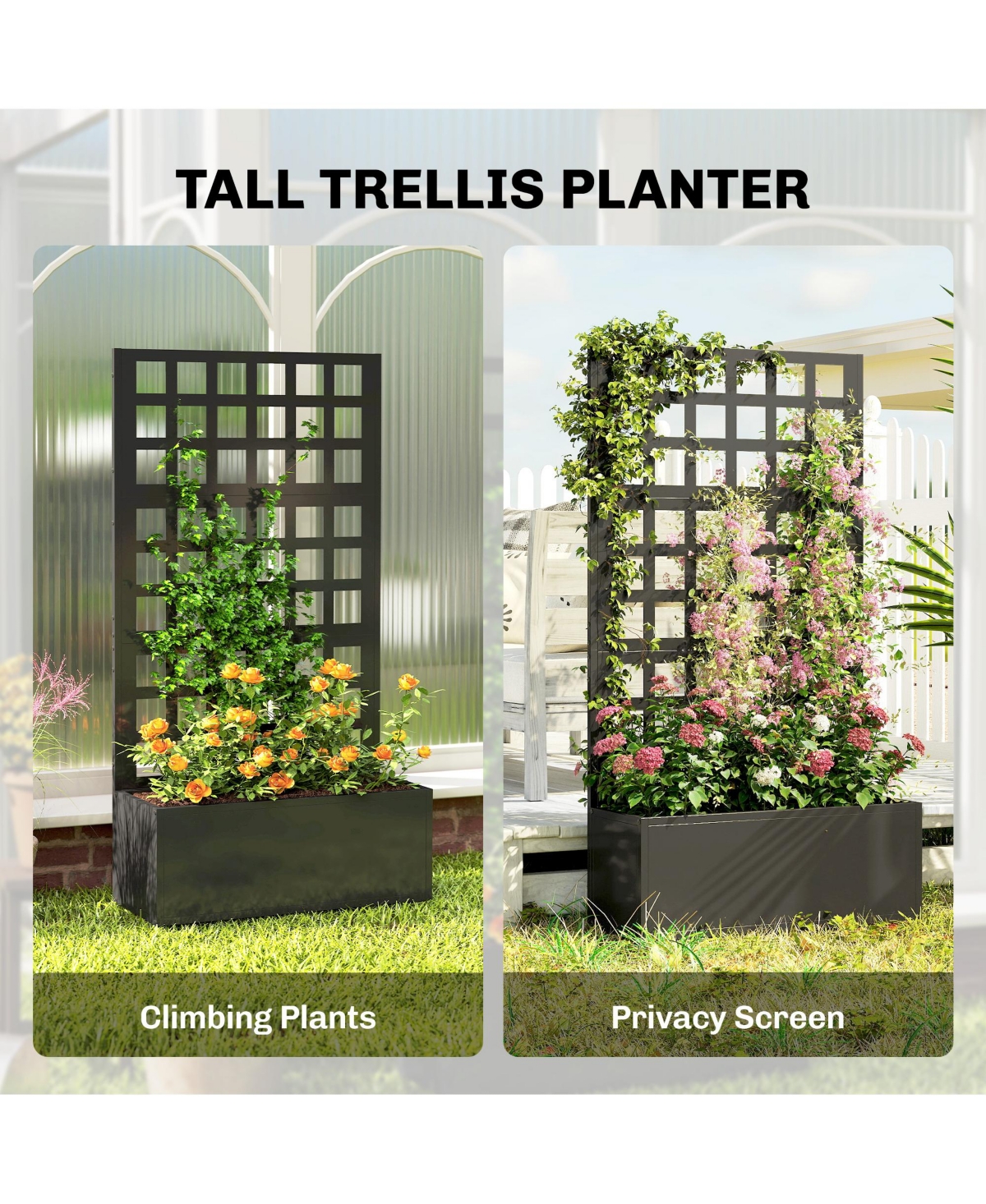 Outsunny Metal Planter Box with Trellis, Drain Holes