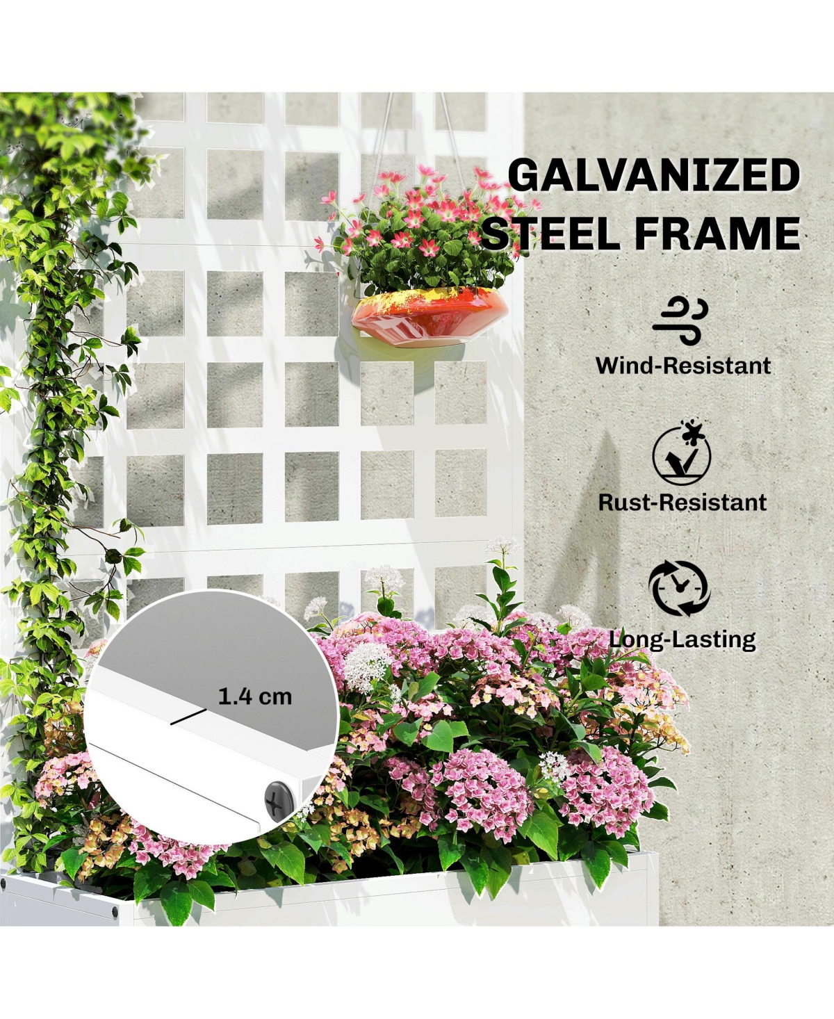 Outsunny Metal Planter Box with Trellis, Drain Holes