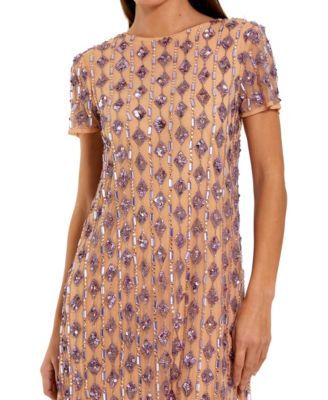 Women's Mesh Beaded Cap Sleeve A Line Above Knee Dress