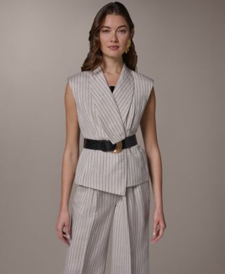 Women's Sleeveless Pinstripe Belted Vest