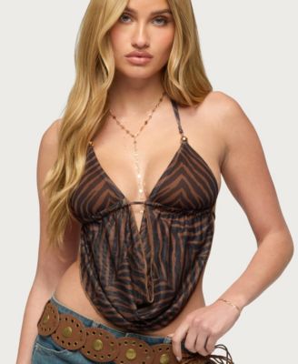 Women's Zebra Mesh Backless Cowl Neck Top