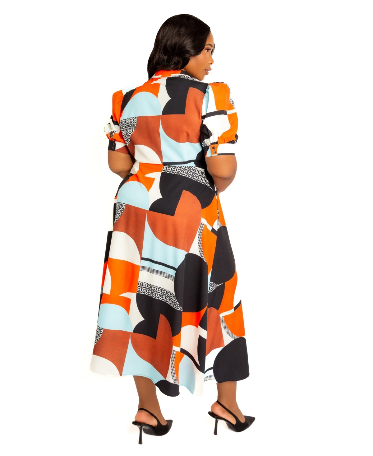 Buxom Couture Women's Plus Geometric Print Puff Sleeve Shirtdress with Tie Waist Detail