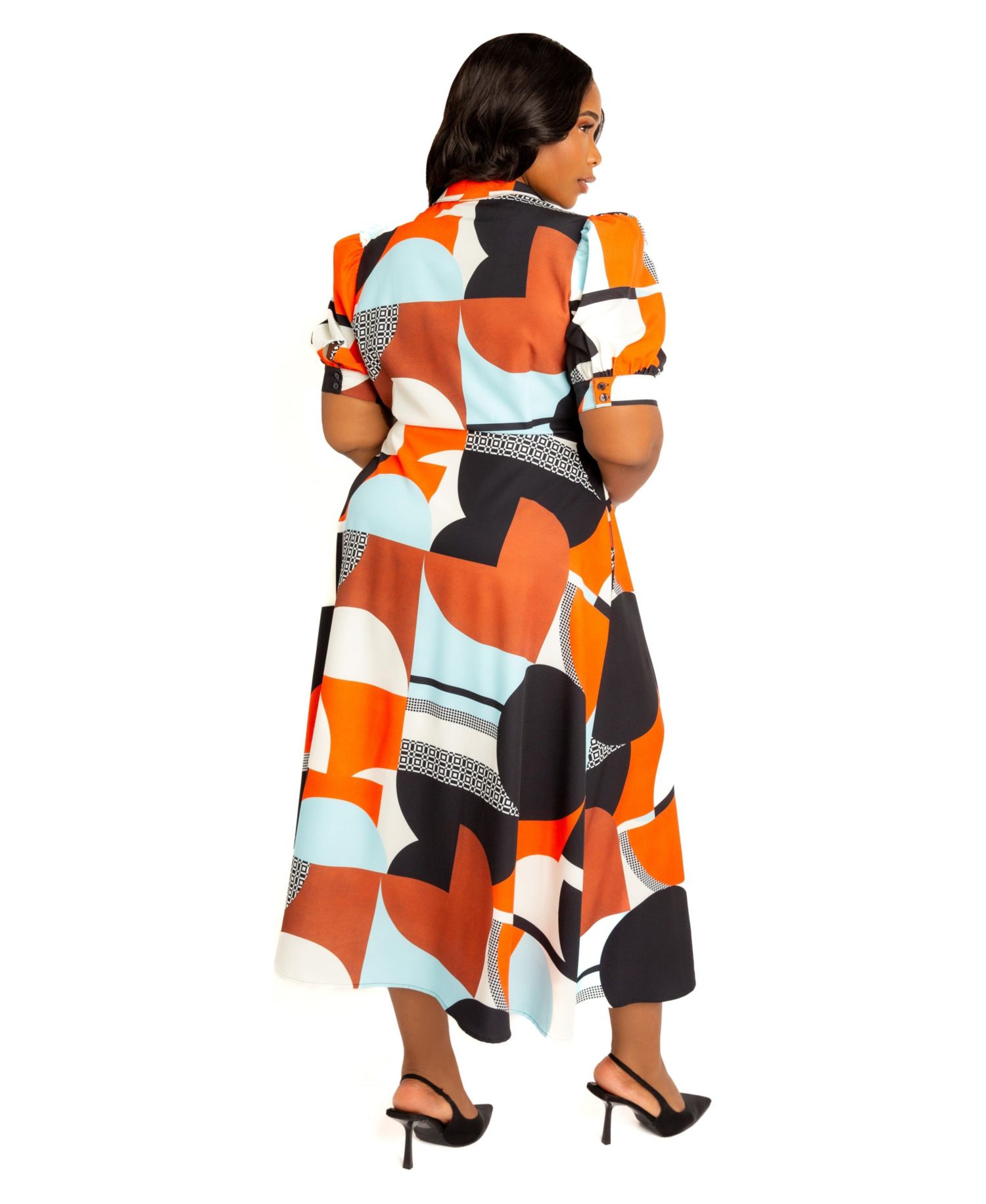 Women's Plus Size Geometric Print Puff Sleeve Shirtdress with Tie Waist Detail