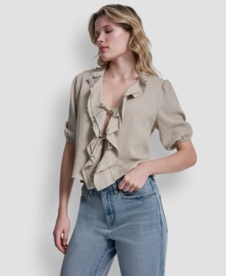 Women's V-Neck Short Puff Sleeve Tie-Front Shirt