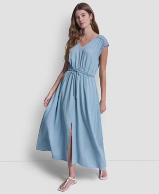 Women's Ruched Shoulder Sleeveless V-Neck Dress