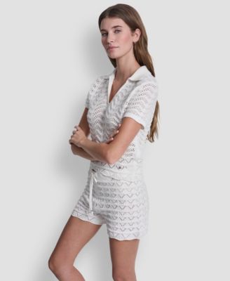 Women's Short-Sleeve V-Neck Polo Cropped Sweater