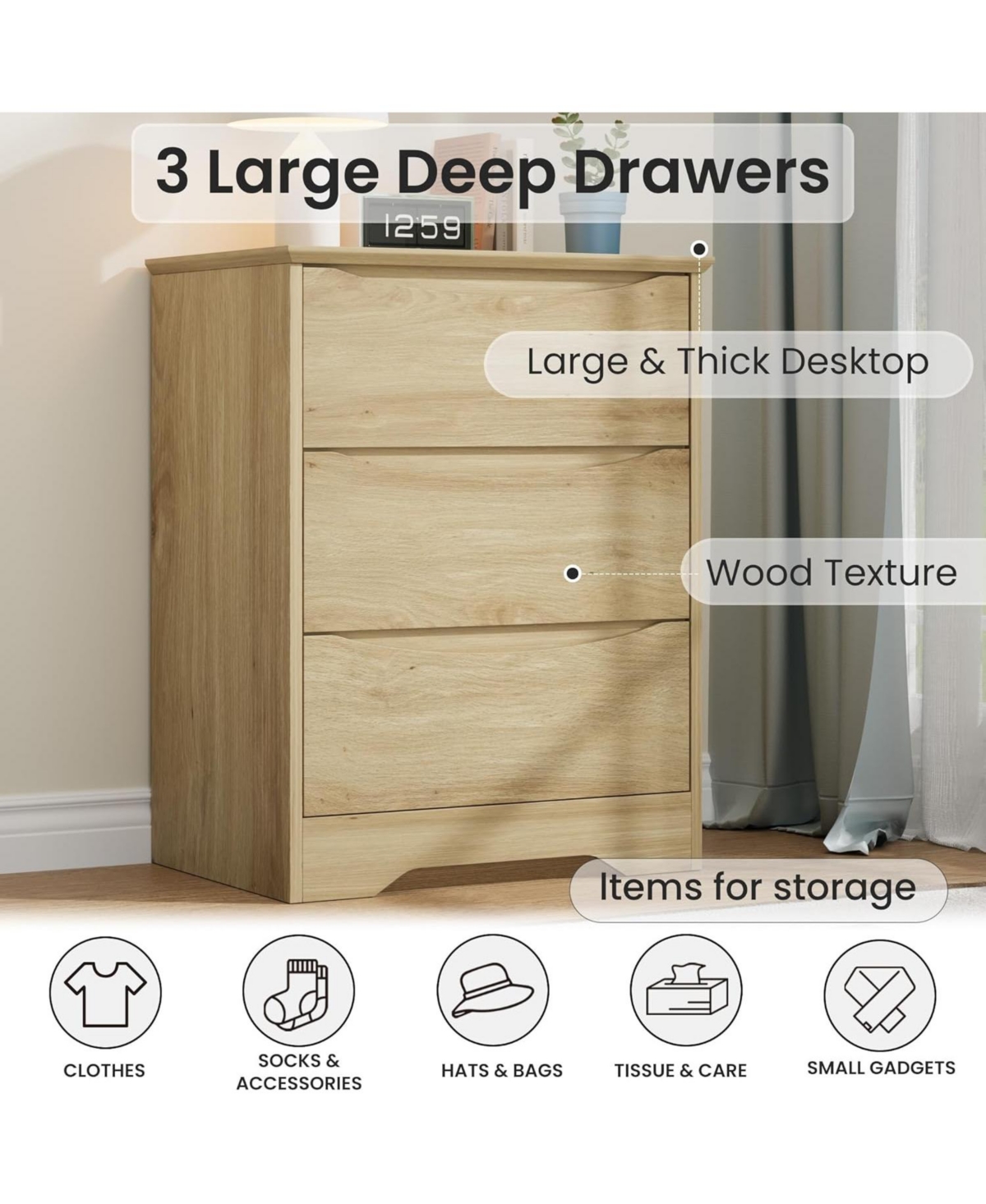 gaomon Wood Tall Modern 3-Drawer Dresser