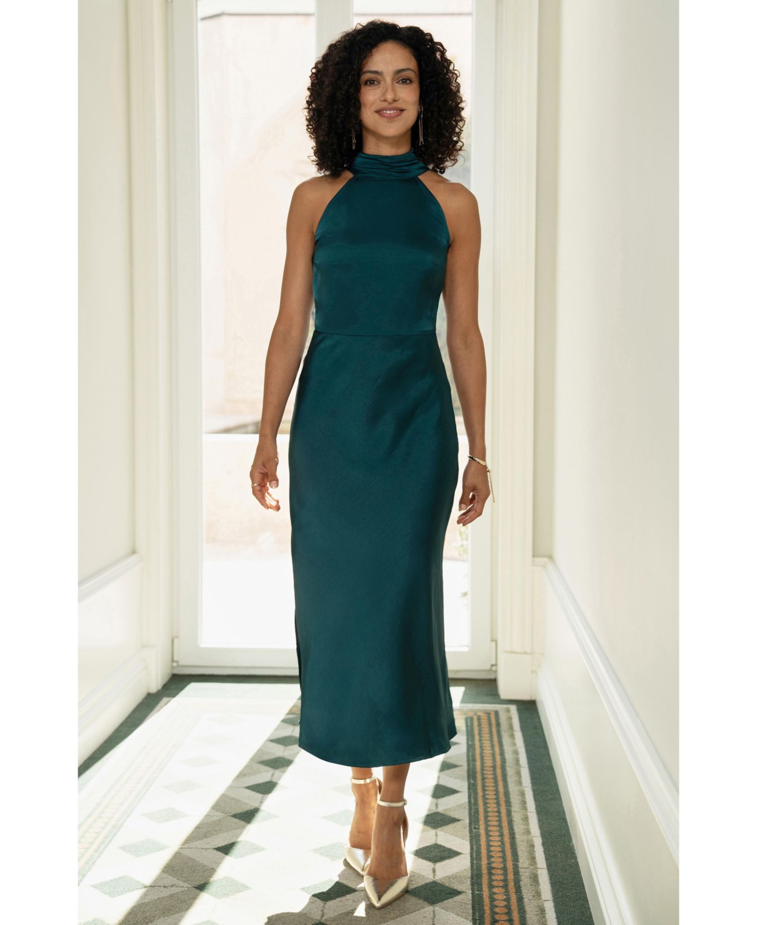 Women's Satin Halter Neck Midi Dress