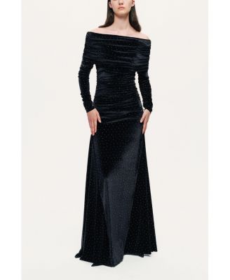 Women's Off-Shoulder Velvet Maxi Dress with Rhinestone Detail