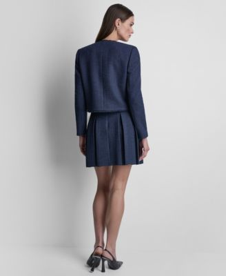 Women's Waffle Boucle Button-Front Cropped Jacket and Waffle Boucle Tweed Pleated Short Skirt