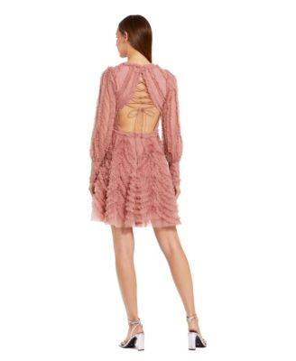 Women's Ruffle Lace Up Back Long Sleeve Mini Dress