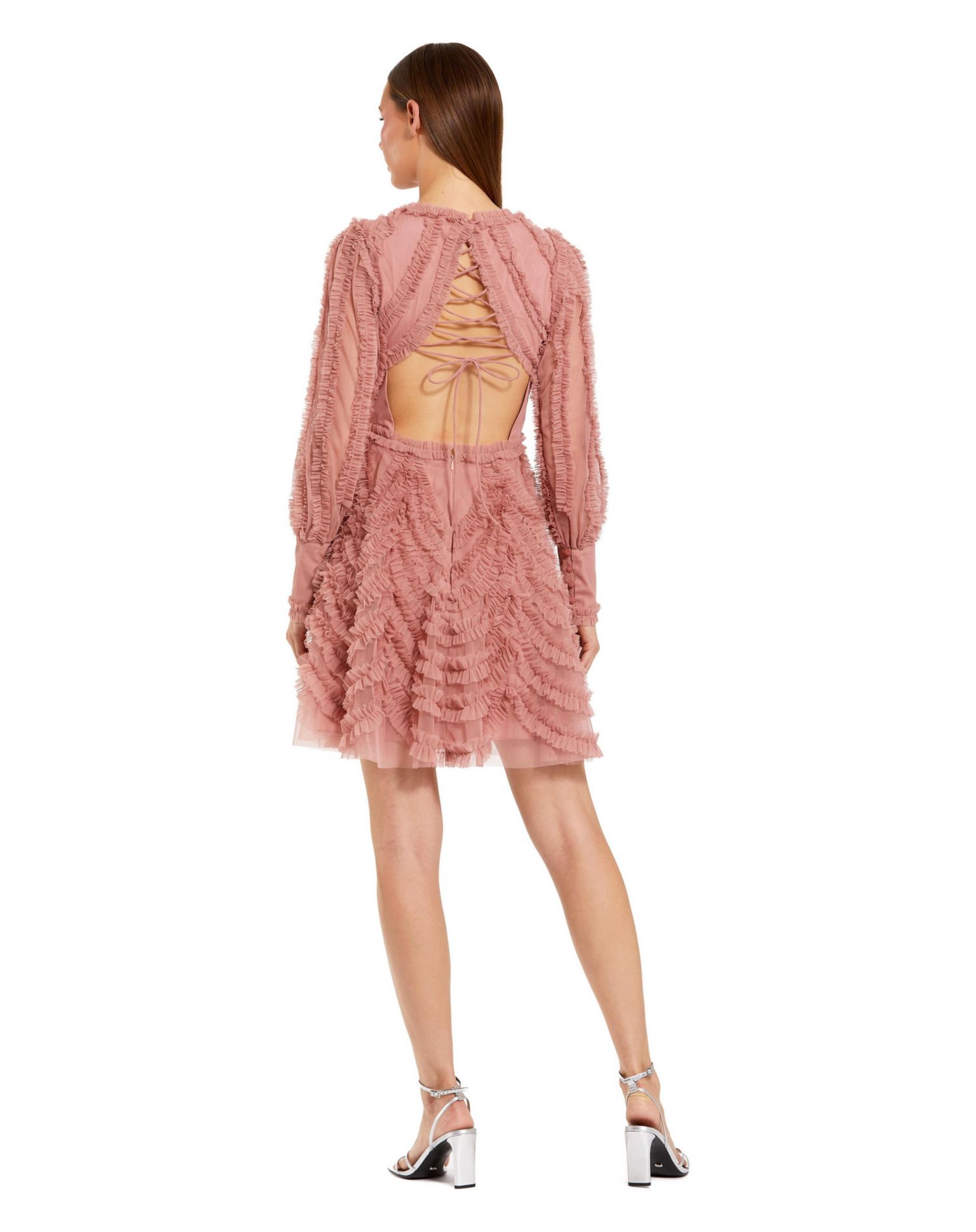 Women's Ruffle Lace Up Back Long Sleeve Mini Dress