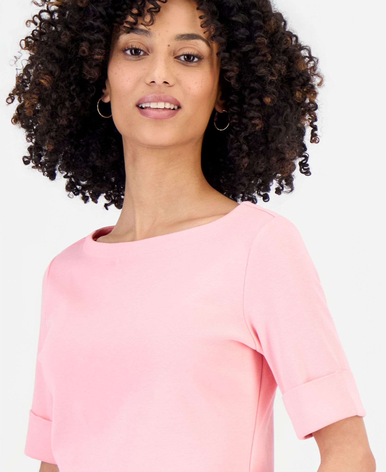 Petite Cotton Elbow-Sleeve Boat-Neck Top