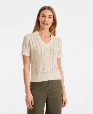 Women's Fine Gauge Cotton Pointelle Polo Sweater