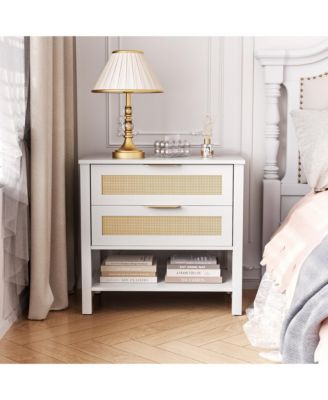 Rattan Nightstand - Bedside Table with 2 Drawers, Open Storage Shelf and Gold Drawer Handles for Bedroom, Living Room, Hallway.
