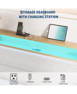 Boucle Upholstered Bed Frame with LED Lights and Charging Station with 2-Tier Storage Shelves
