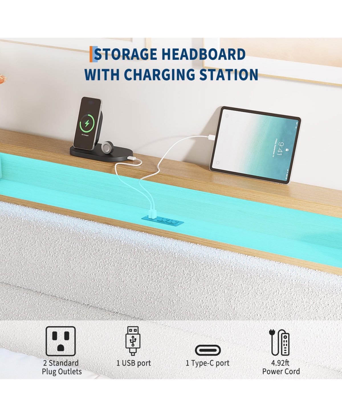 gaomon Boucle Upholstered Bed Frame with Led Lights and Charging Station with 2-Tier Storage Shelves