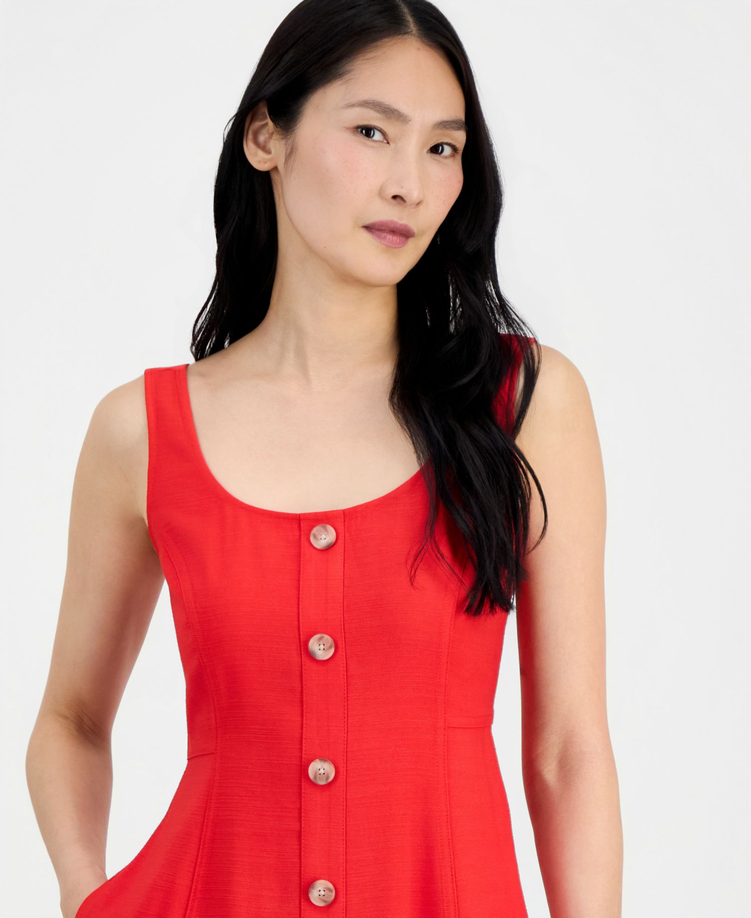 Petite Sleeveless Button Detail A-Line Midi Dress