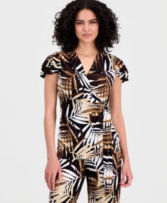 Women's Palm-Print Flutter-Sleeve Wrap Top