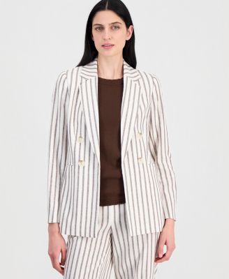 Women's Linen-Blend Striped Open Front Blazer
