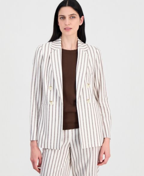 Женский пиджак Anne Klein Linen-Blend Striped Open Front Blazer, цвет: Белый / Тёмный шоколадный
