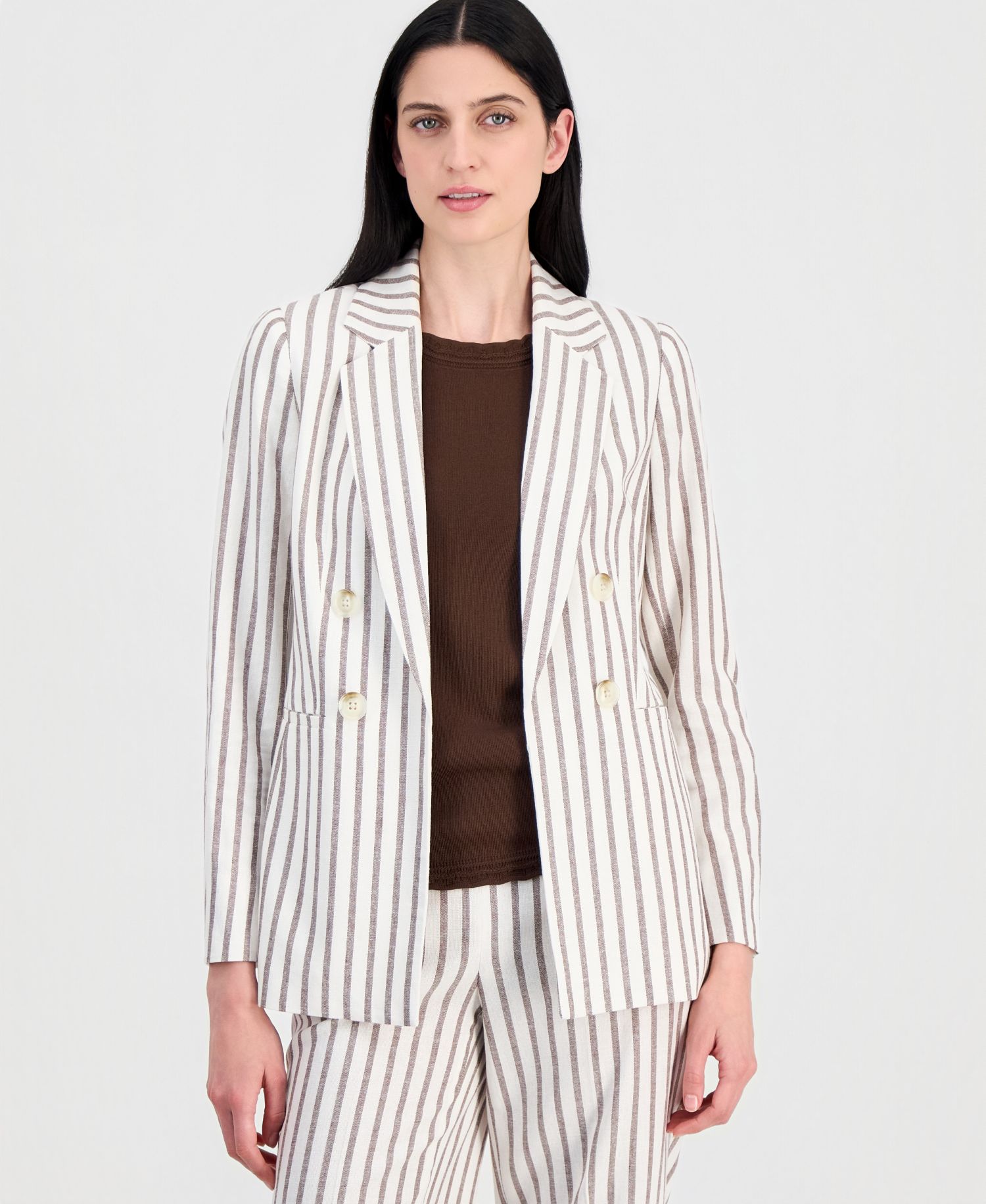 Women's Linen-Blend Striped Open Front Blazer