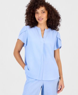 Petite Textured Tulip-Sleeve Top & Textured High Rise Pull-On Pants