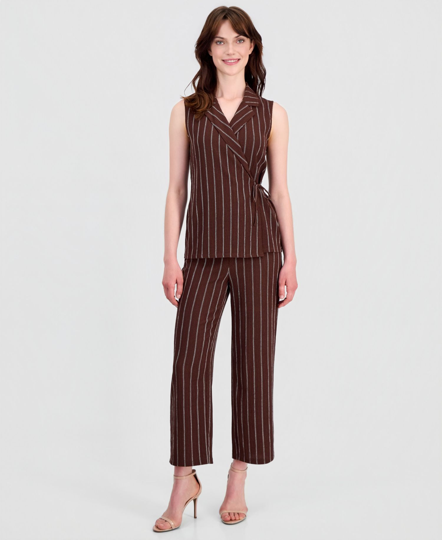 Women's Striped Textured-Knit Sleeveless Wrap Top, Regular & Petite