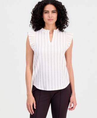 Women's Textured Pinstripe Flutter-Sleeve Top