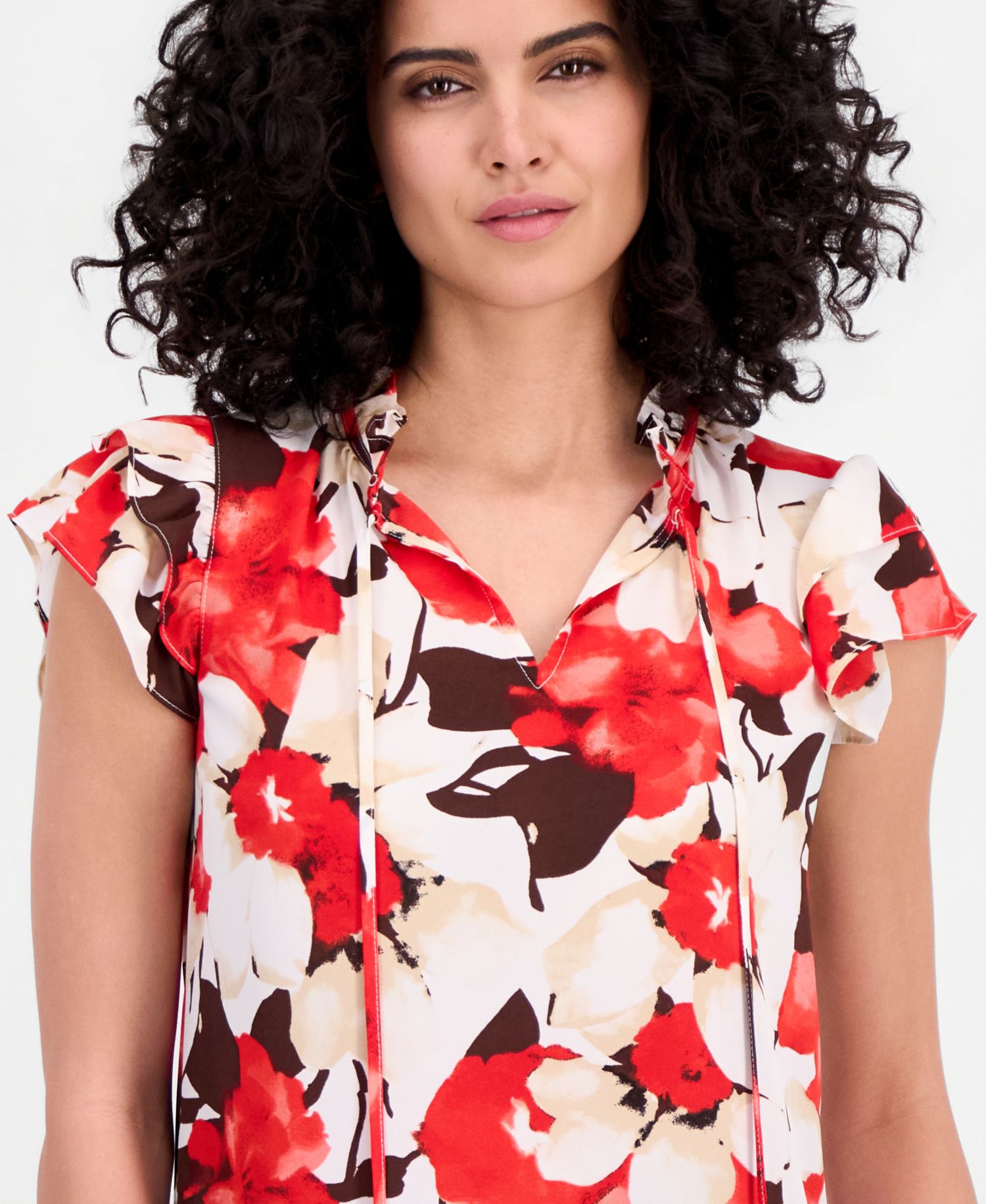 Petite Tie-Neck Ruffle-Sleeve Top