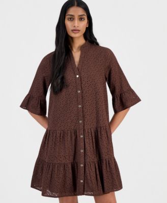 Petite Tiered Stand Collar Shirt-Dress