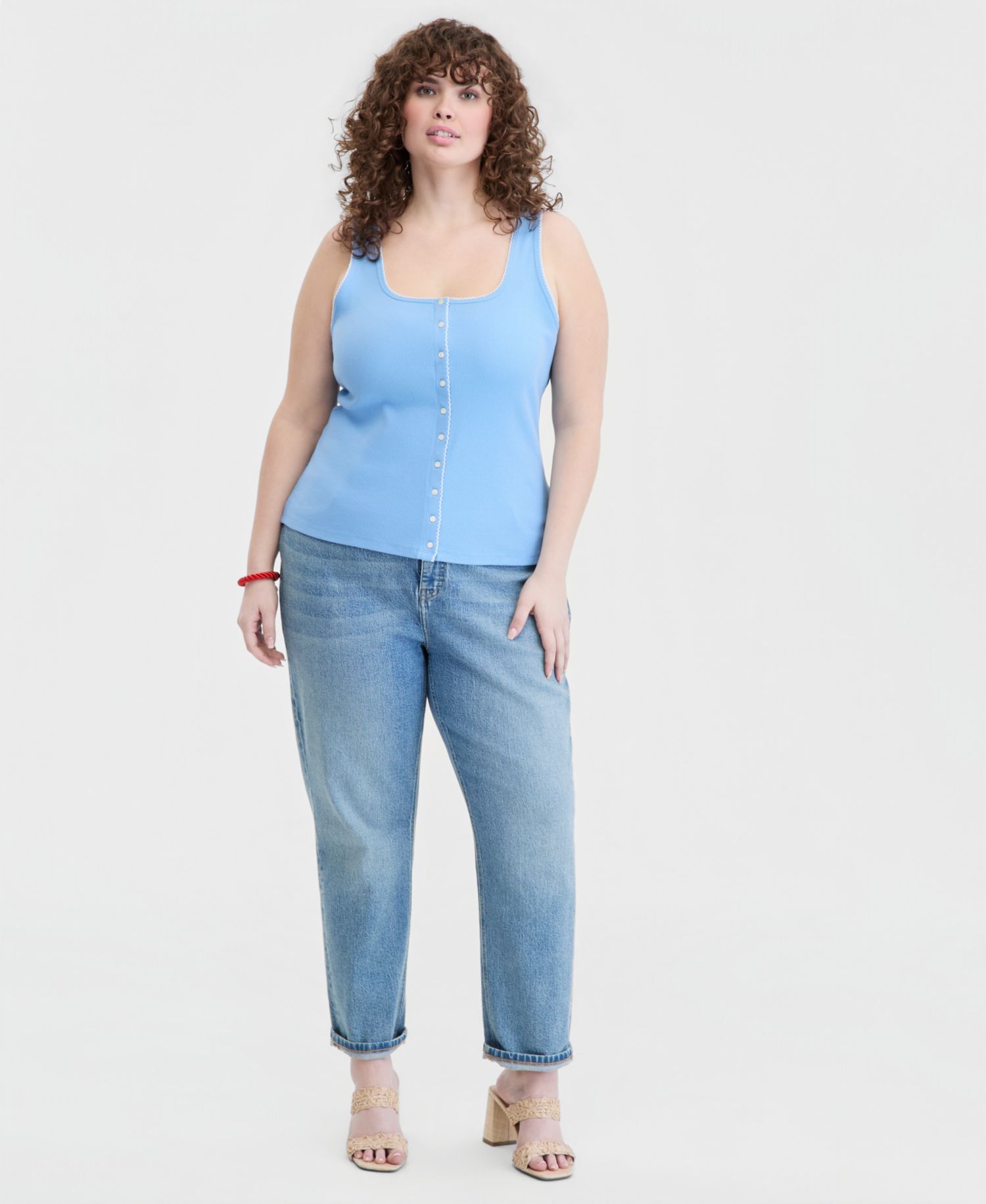 Women's Button-Down Contrast-Stitch Rib Tank Top