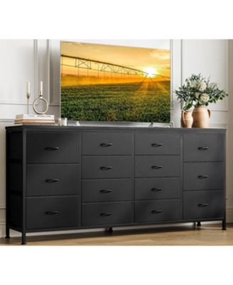 63" W Long Fabric Dresser TV Stand with 14 Drawers and Power Outlets, for 65–75 Inch TVs