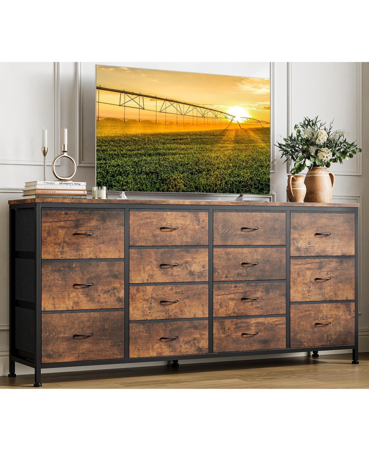 gaomon 63" W Long Fabric Dresser Tv Stand with 14 Drawers and Power Outlets, for 65–75 Inch TVs